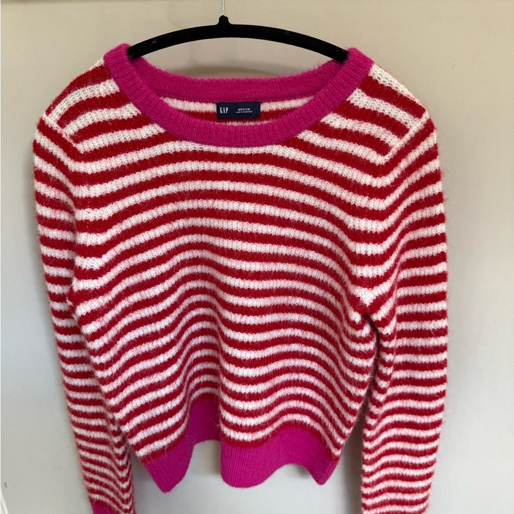 GAP Red & White Striped Crewneck Sweater with Pink Trim
